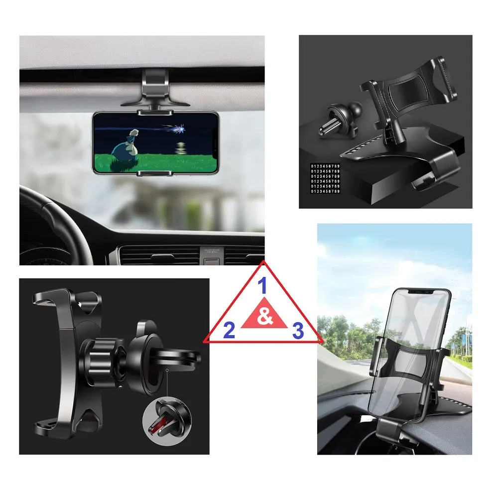 3 in 1 Car GPS Smartphone Holder: Dashboard / Visor Clamp   AC Grid Clip for Wiko Cink Slim 2 - Black