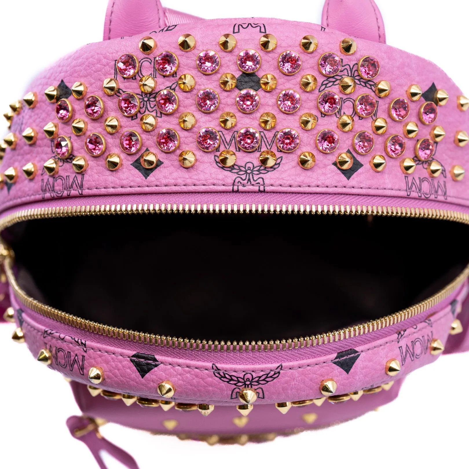 mini backpack with crystal/ studs in leather pink ghw