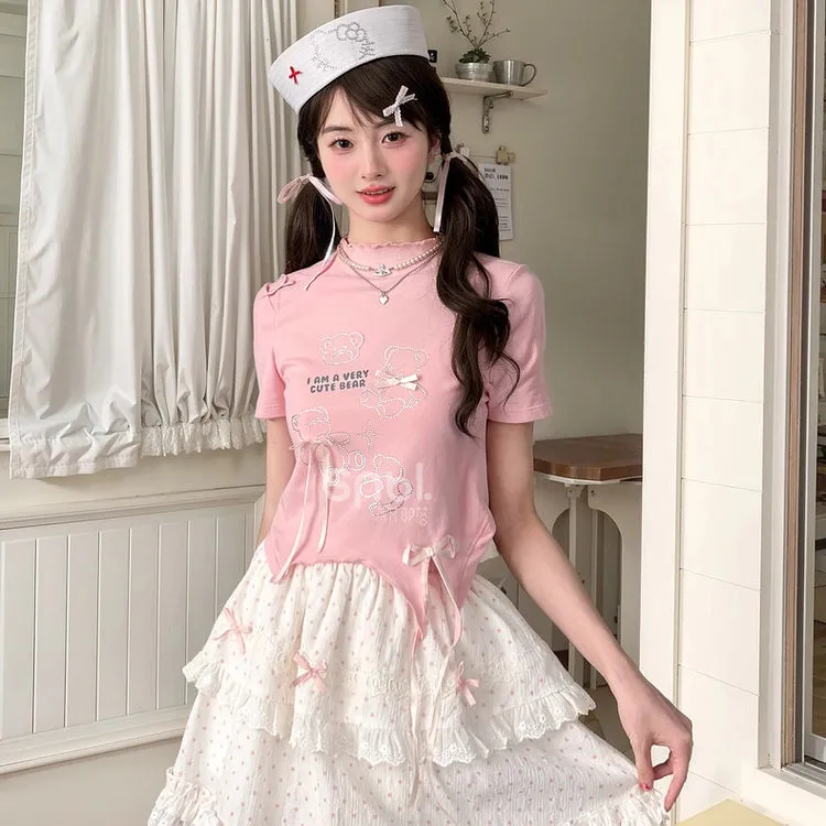 Sweet Pink Cartoon Bear Print Short T-shirt