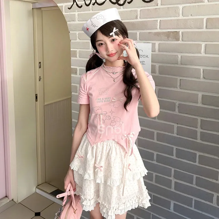Sweet Pink Cartoon Bear Print Short T-shirt