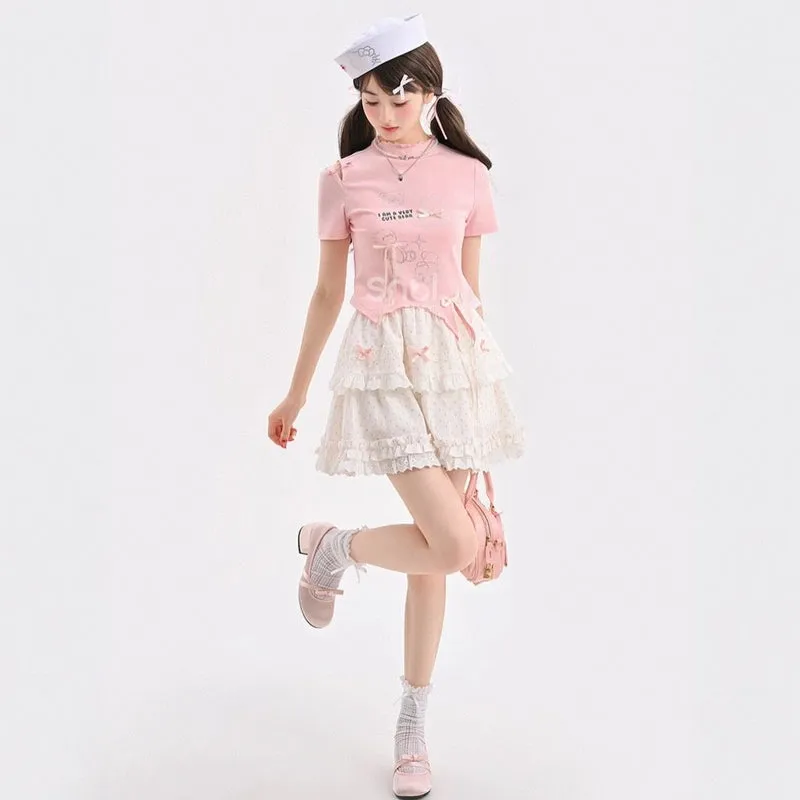 Sweet Pink Cartoon Bear Print Short T-shirt