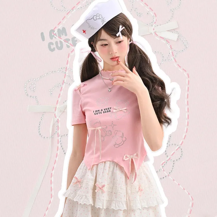 Sweet Pink Cartoon Bear Print Short T-shirt