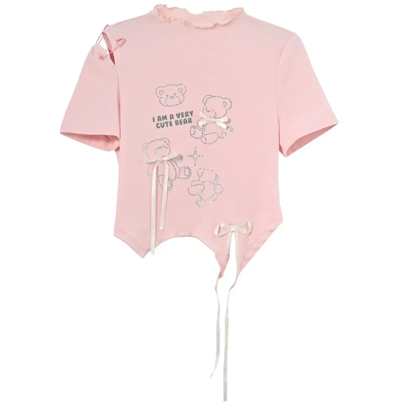 Sweet Pink Cartoon Bear Print Short T-shirt