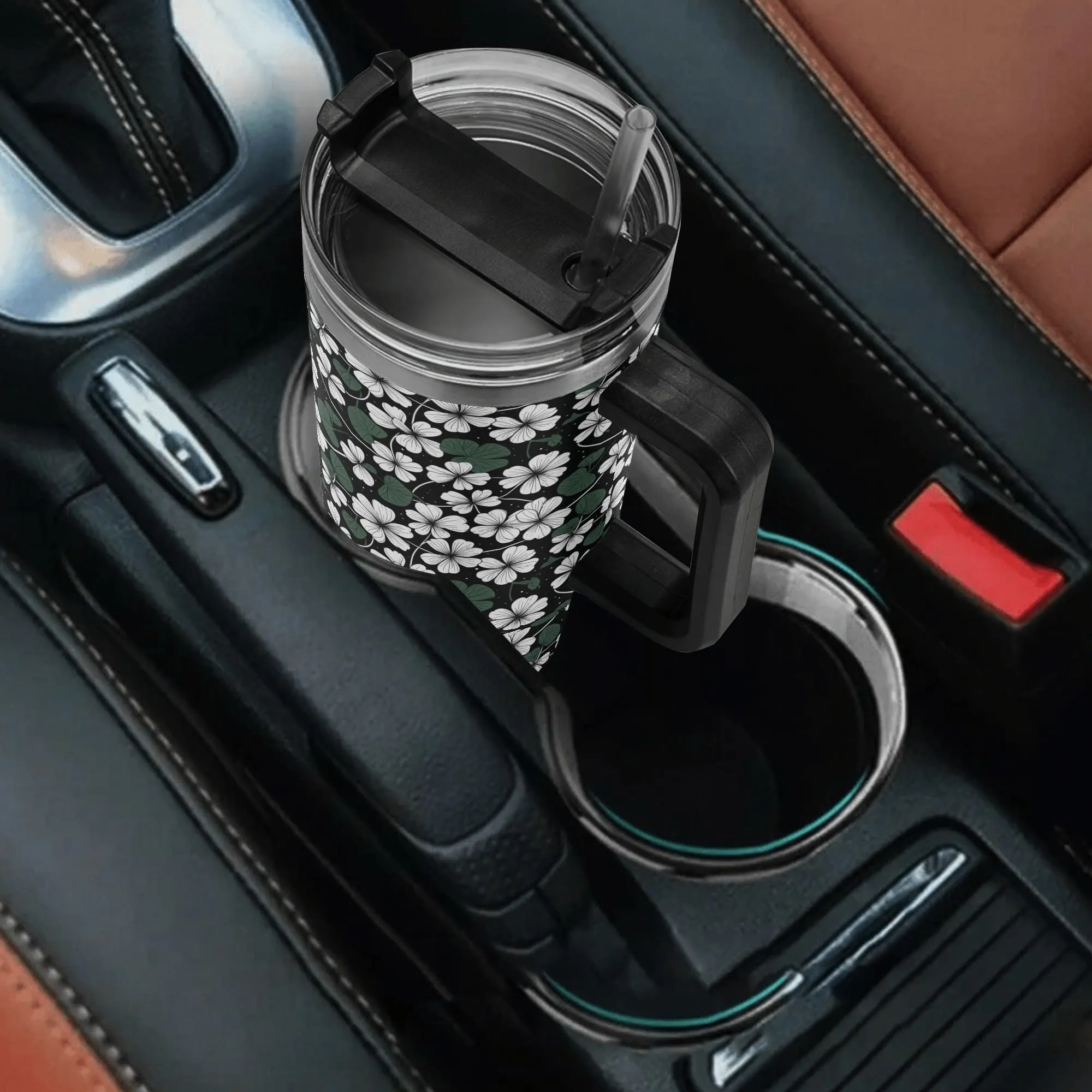 White Clover 40oz Stainless Steel Tumbler Gift With Black Handle and Straw