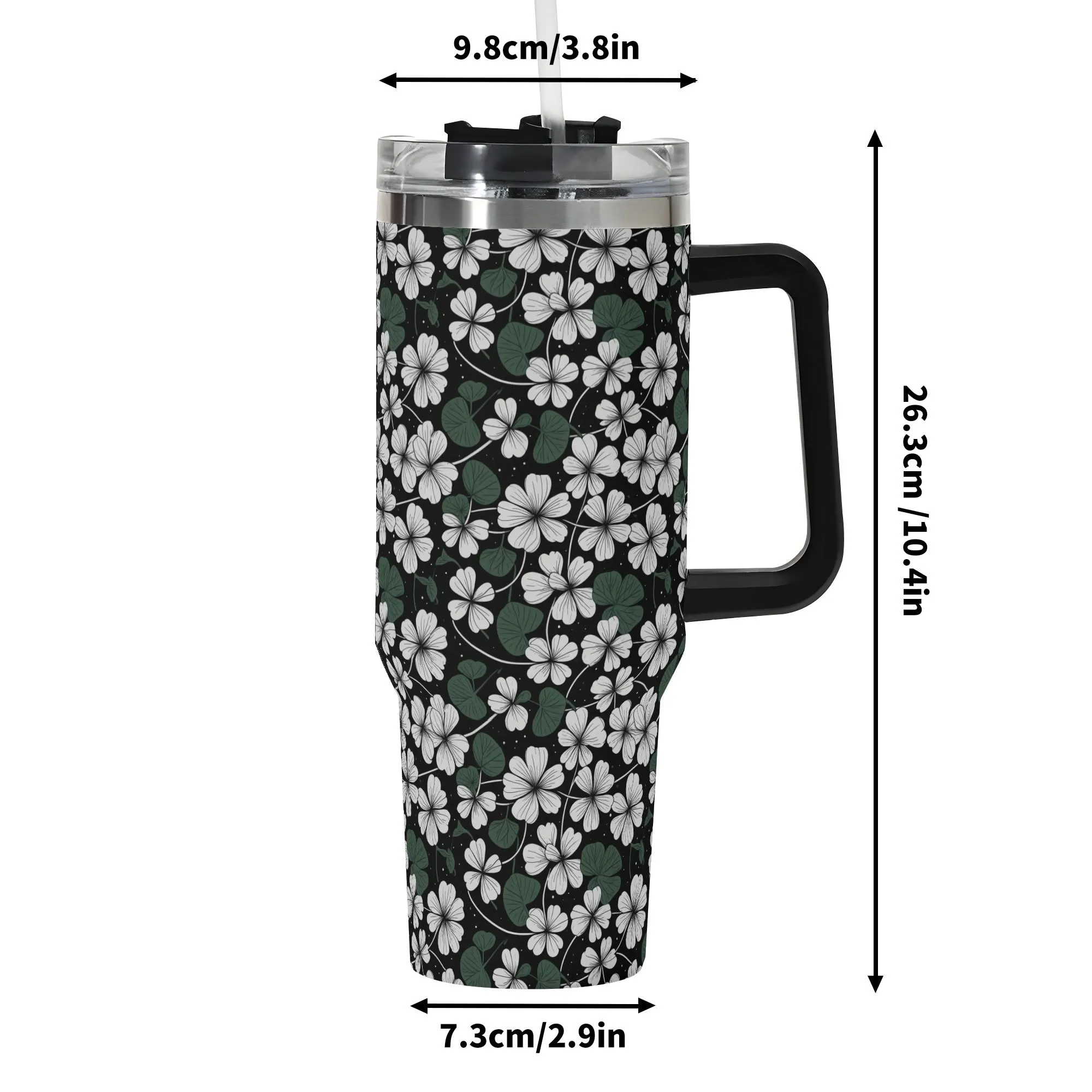 White Clover 40oz Stainless Steel Tumbler Gift With Black Handle and Straw