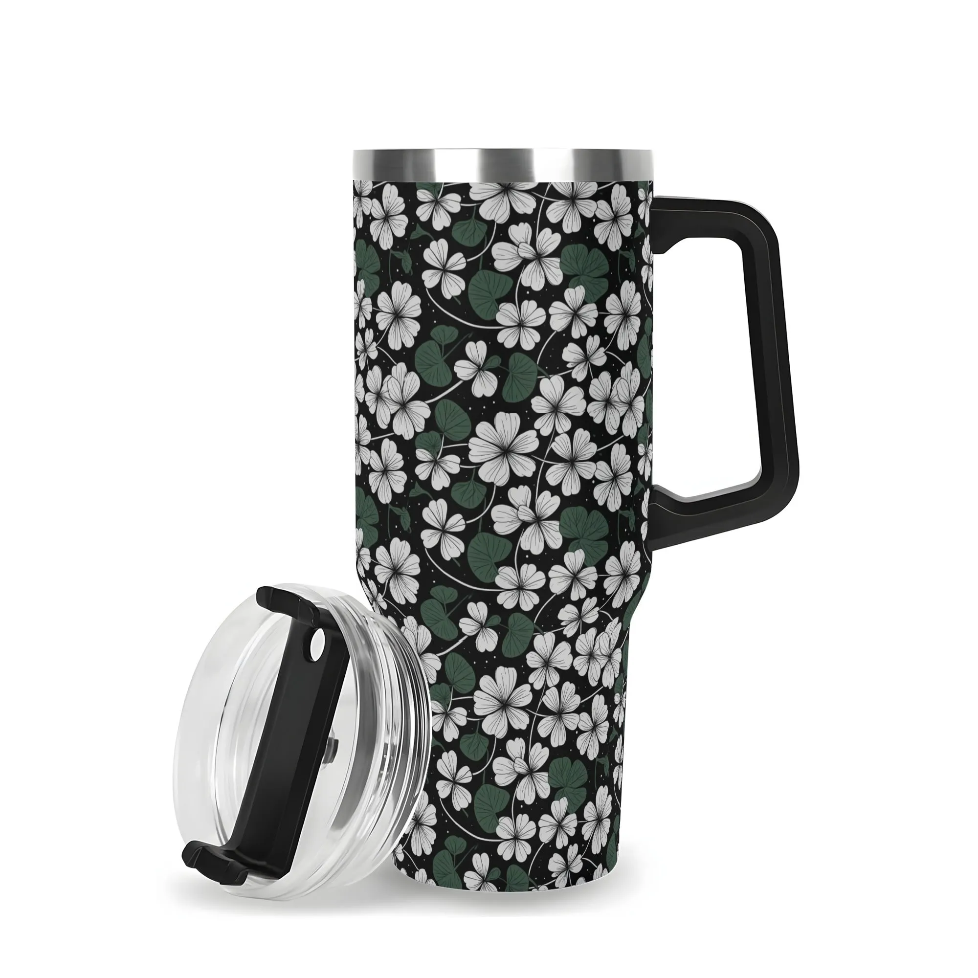 White Clover 40oz Stainless Steel Tumbler Gift With Black Handle and Straw