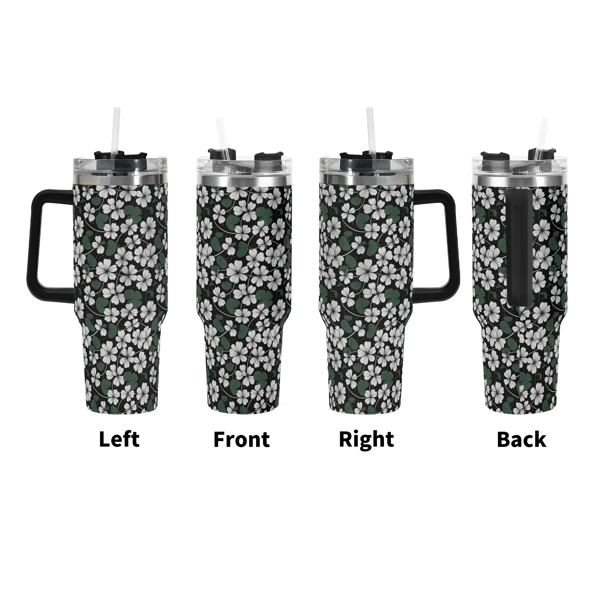 White Clover 40oz Stainless Steel Tumbler Gift With Black Handle and Straw