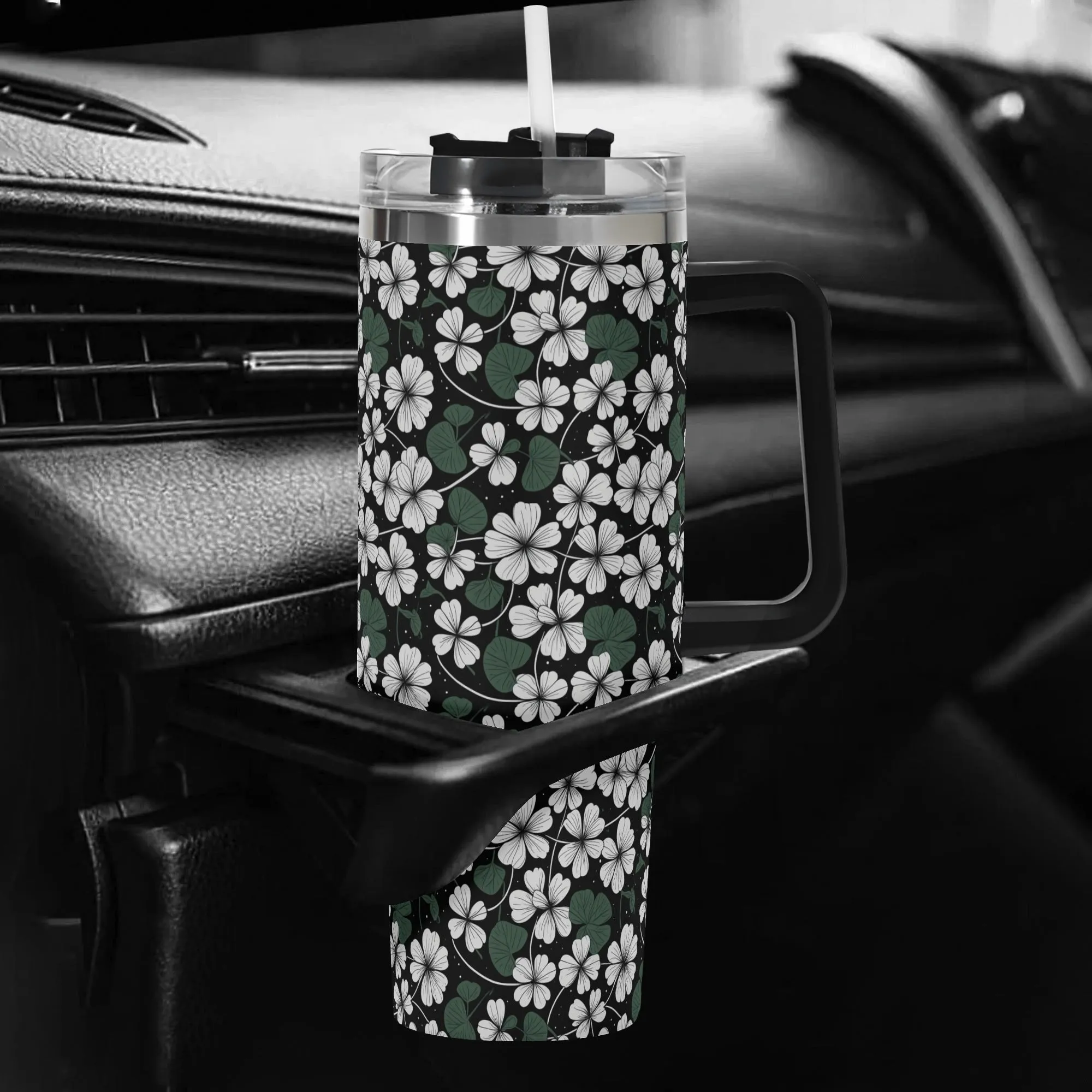 White Clover 40oz Stainless Steel Tumbler Gift With Black Handle and Straw